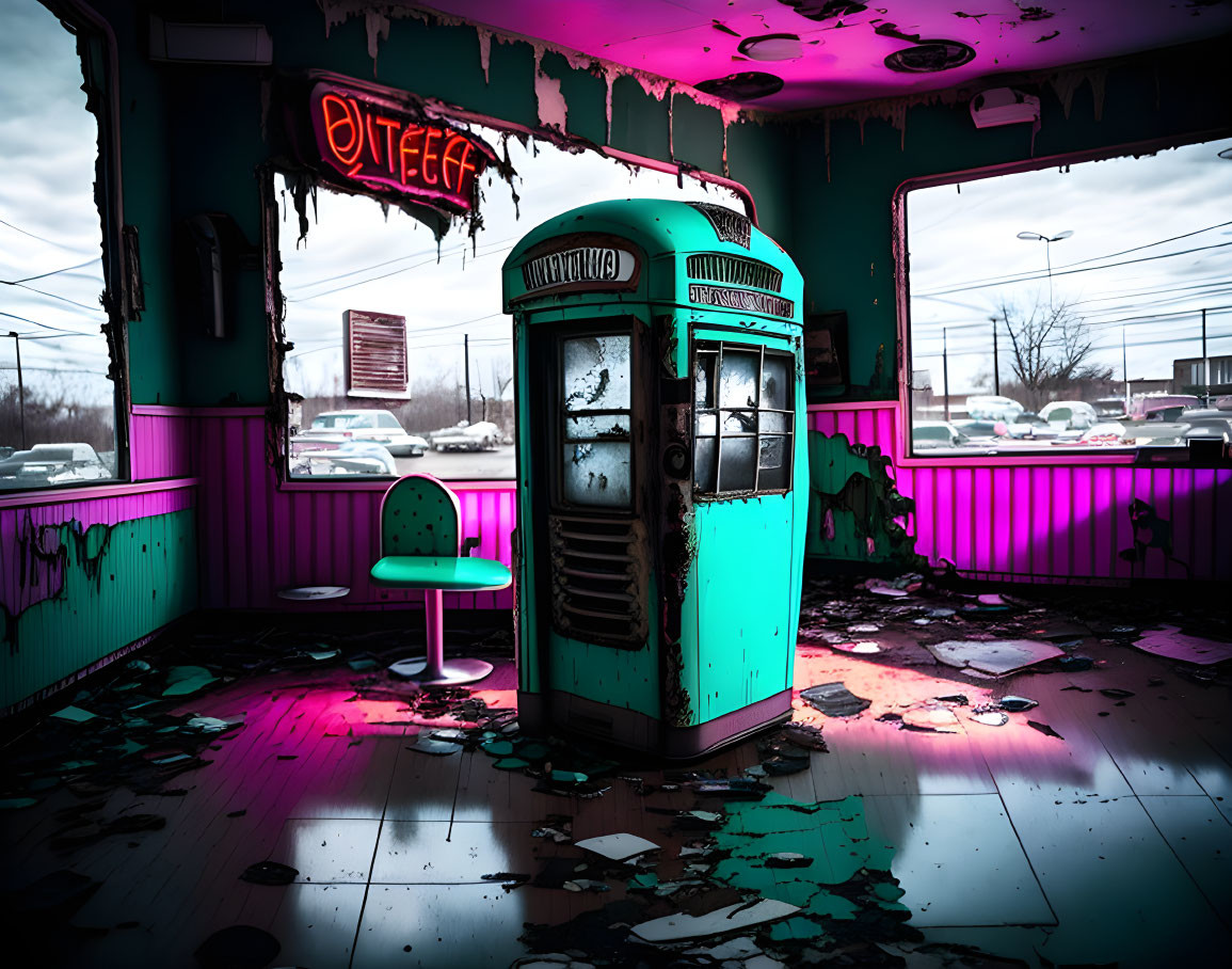 Vintage Turquoise Diner Booth with Peeling Paint and Shattered Glass under Eerie Pink Lighting