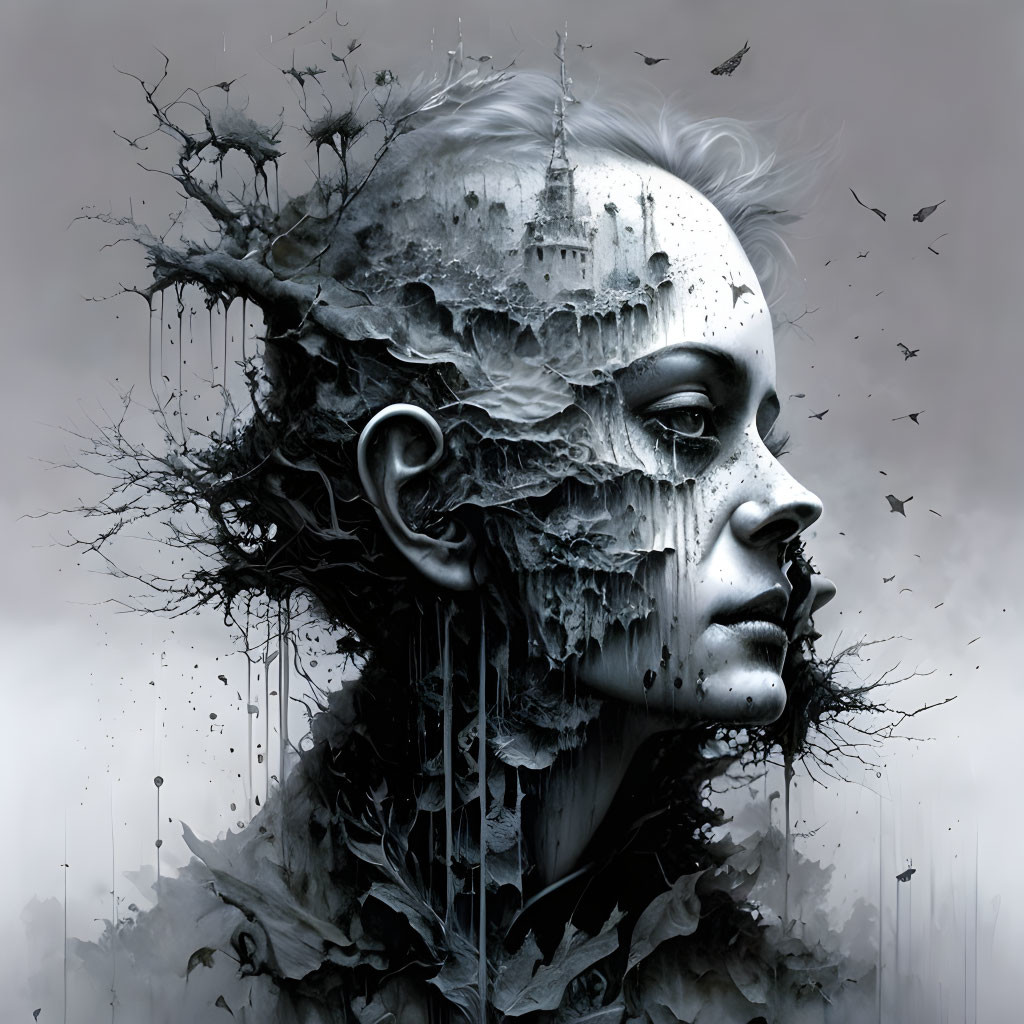 Monochrome surreal artwork of woman's head merging with crumbling city landscape