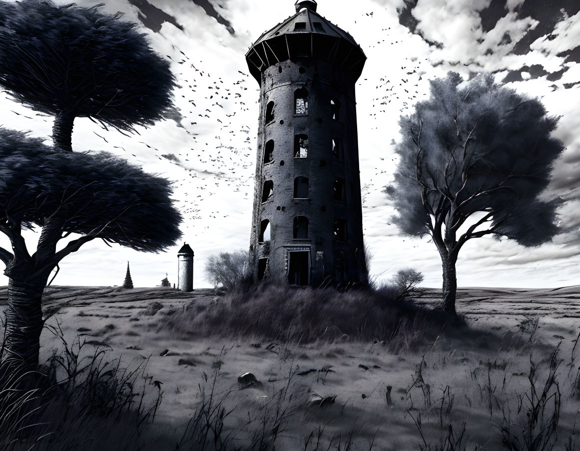 Dilapidated lighthouse in stormy setting with birds