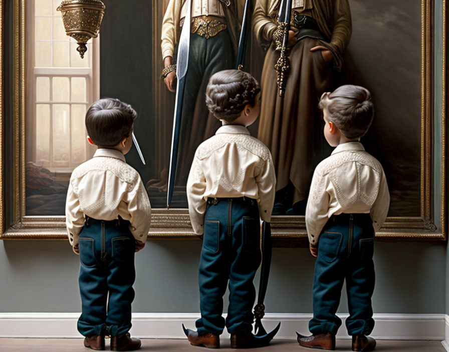 Three young boys in vintage attire admiring painting of nobleman with backlit window and woman's dress