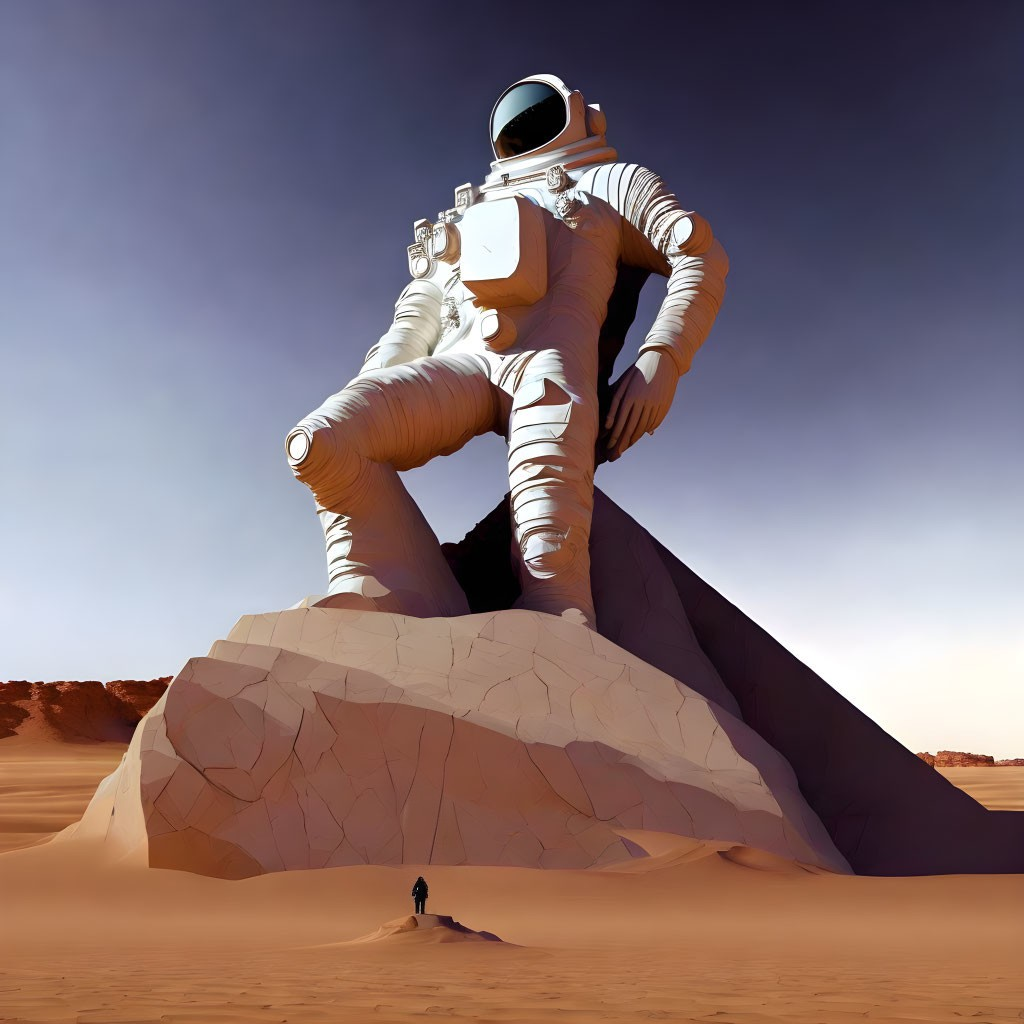 Giant astronaut statue dwarfs solitary figure in vast desert