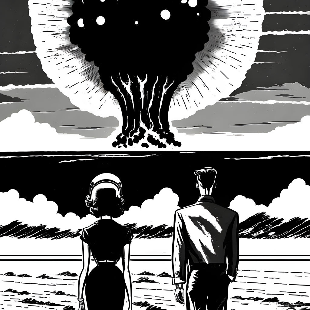 Monochrome illustration of man and woman viewing distant explosion