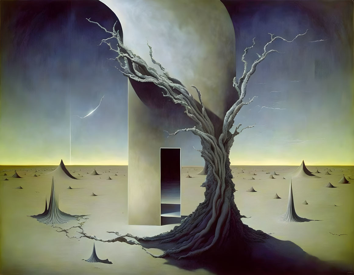 Surreal landscape with merging tree and monolith in barren mountains