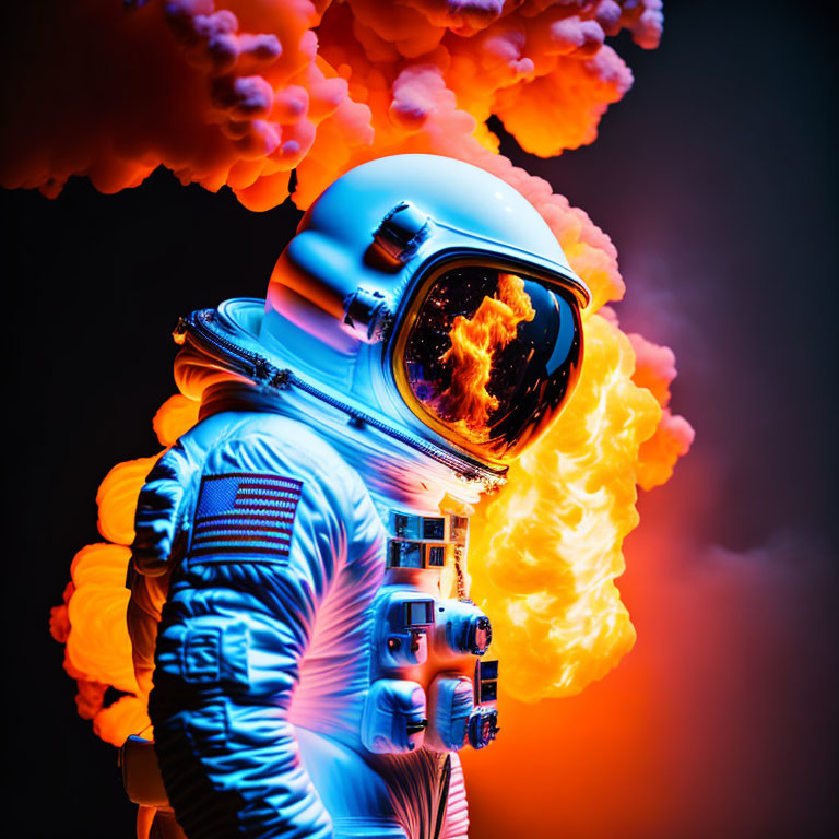 Astronaut in Blue Space Suit Surrounded by Orange and Yellow Smoke