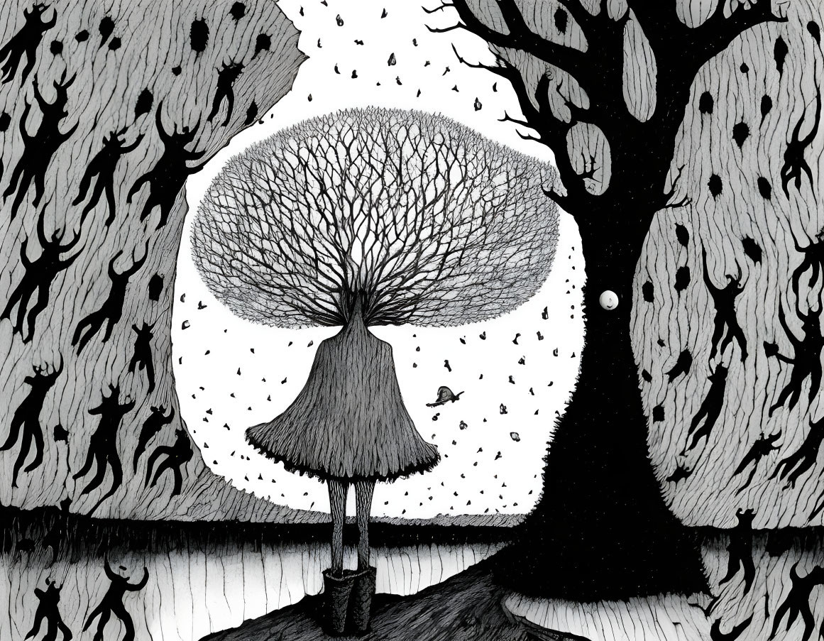 Monochromatic illustration of moonlit tree with falling leaves