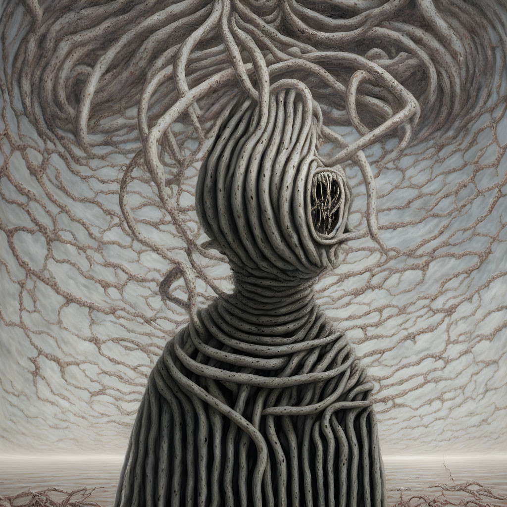 Surreal figure with tree roots for hair in eerie monochromatic scene