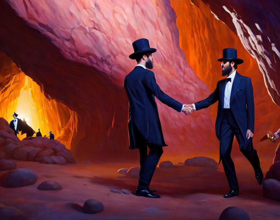 Two men in formal attire with top hats shaking hands in red cave setting.