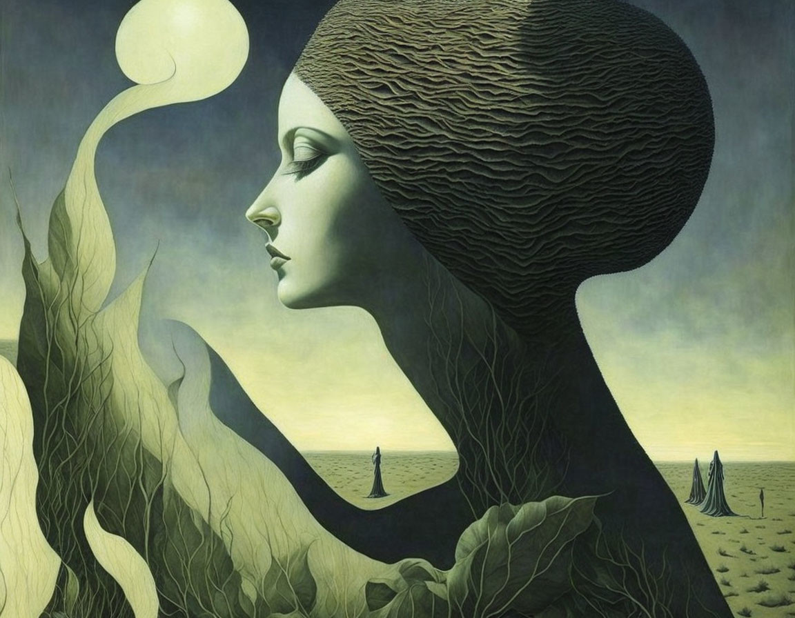 Surrealist artwork: Woman with elongated neck and landscape head against gray sky