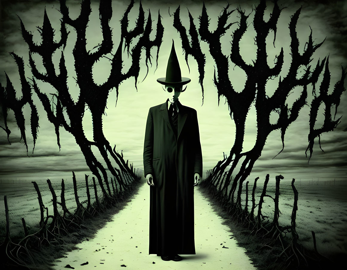 Tall faceless figure in suit and hat on path with twisted trees.