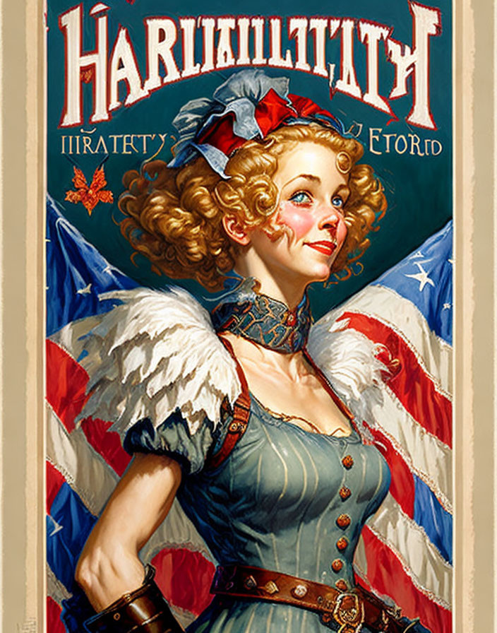 Vintage-style illustration of smiling woman in patriotic costume with American flag and eagle wing elements, Cyrillic text