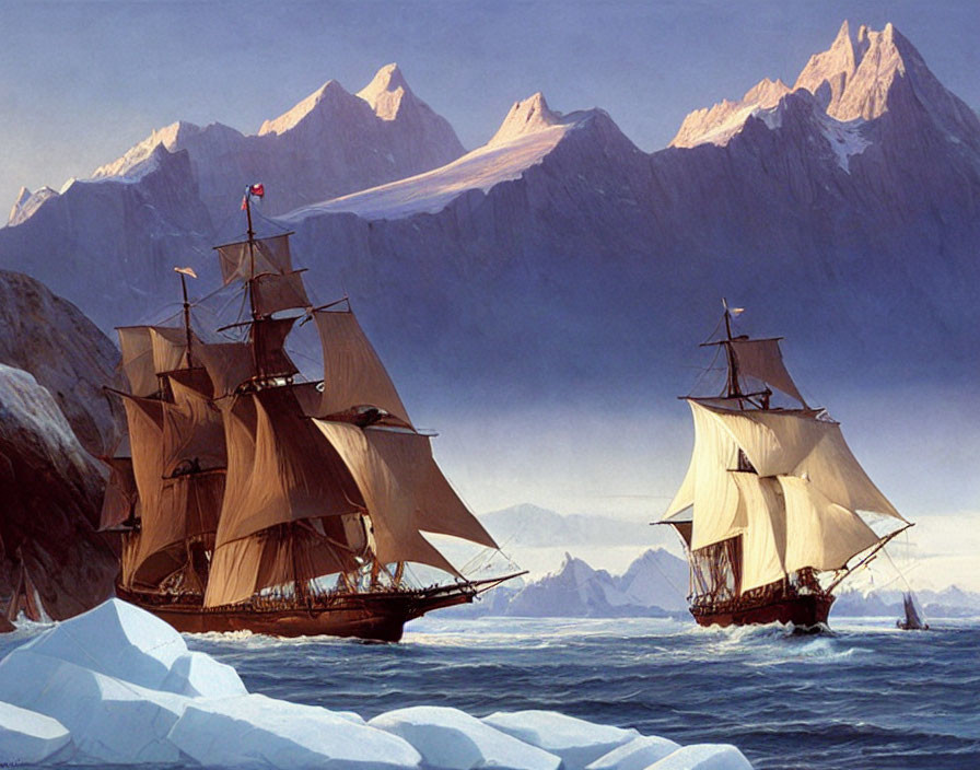 Vintage ships near snowy mountains on icy shores