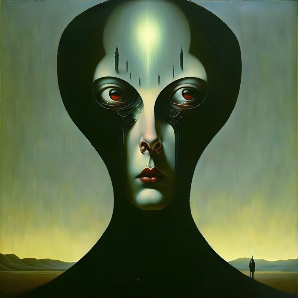 Surreal portrait of alien-like entity with oversized eyes in desert scene