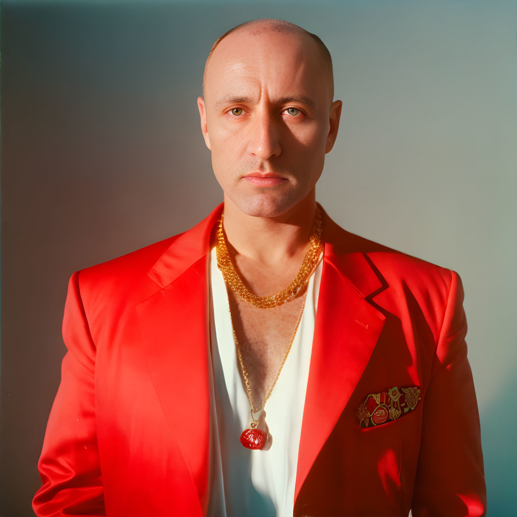 Serious bald man in red suit jacket with gold chain on two-tone background