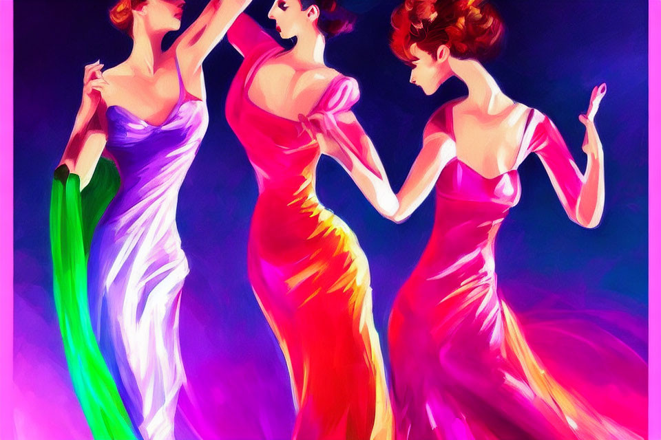 Vibrant women in colorful evening gowns dance against purplish-pink backdrop