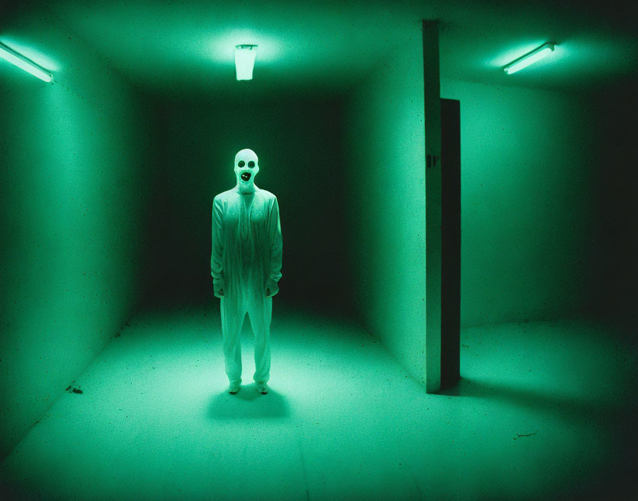 Person in white suit and mask in green-lit room with white walls