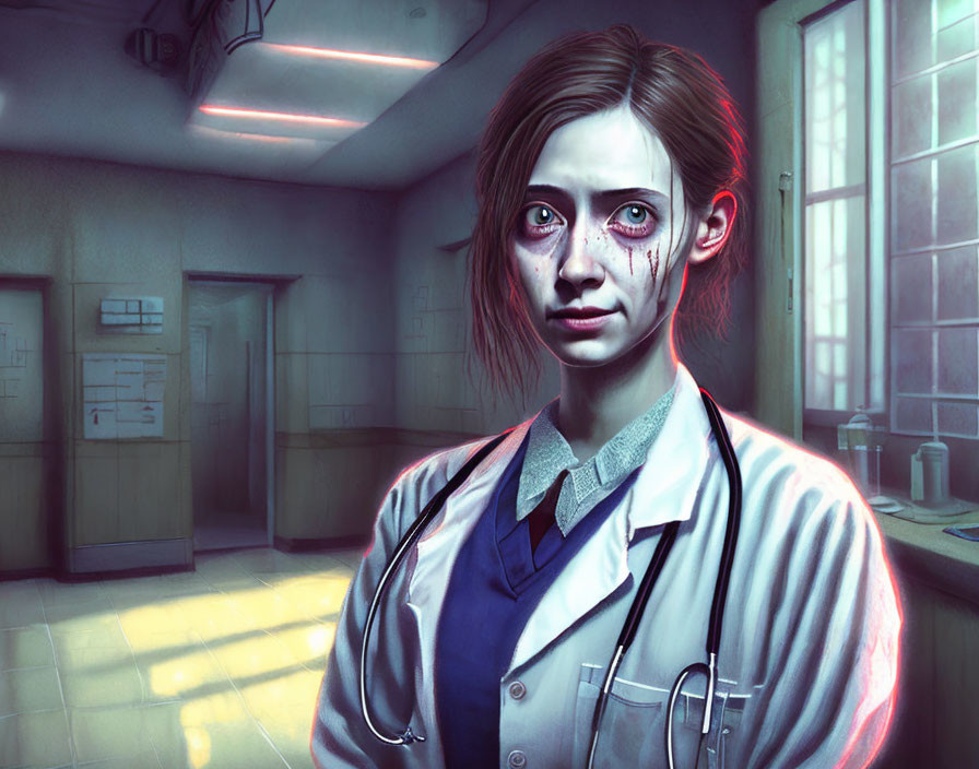 Digital artwork: Woman in blood-stained lab coat in clinical setting