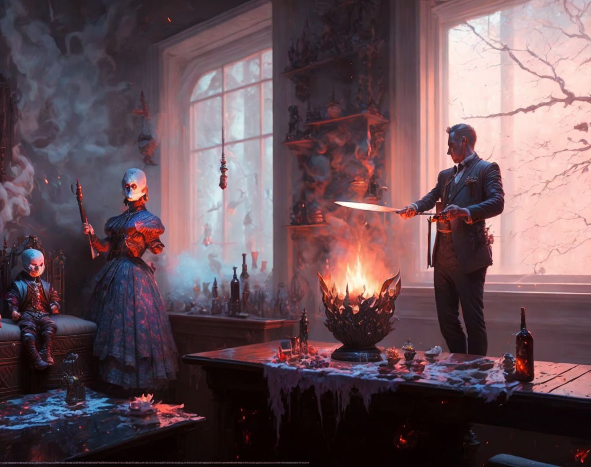 Gothic scene: Three people in skull masks performing ritual with sword and fire bowl in vintage room