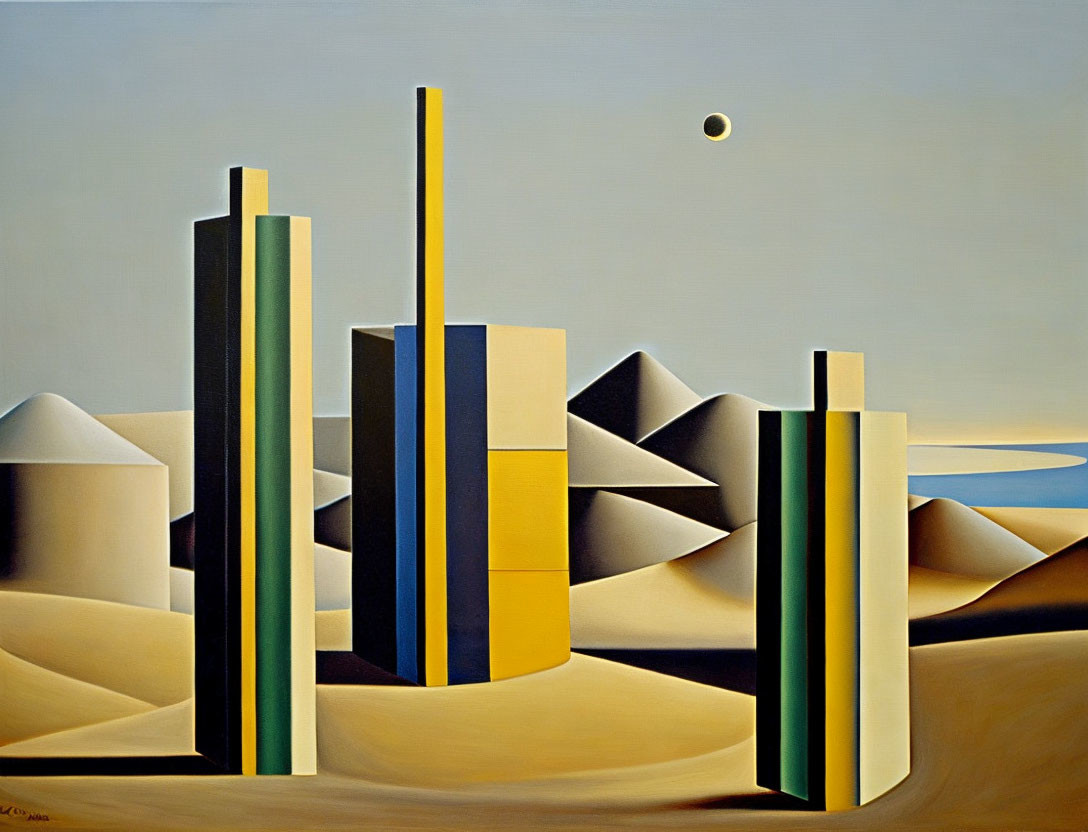 Geometric abstract painting of buildings in desert landscape