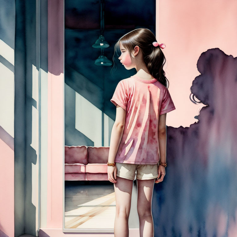 Girl in Pink Shirt Standing Before Open Door with Pink Couch and Pendant Lights