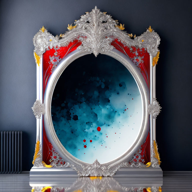 Silver frame with red and gold accents around abstract cosmic background on dark wall