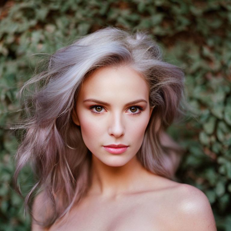 Portrait of Woman with Flowing Grey Hair and Piercing Eyes on Green Leafy Background