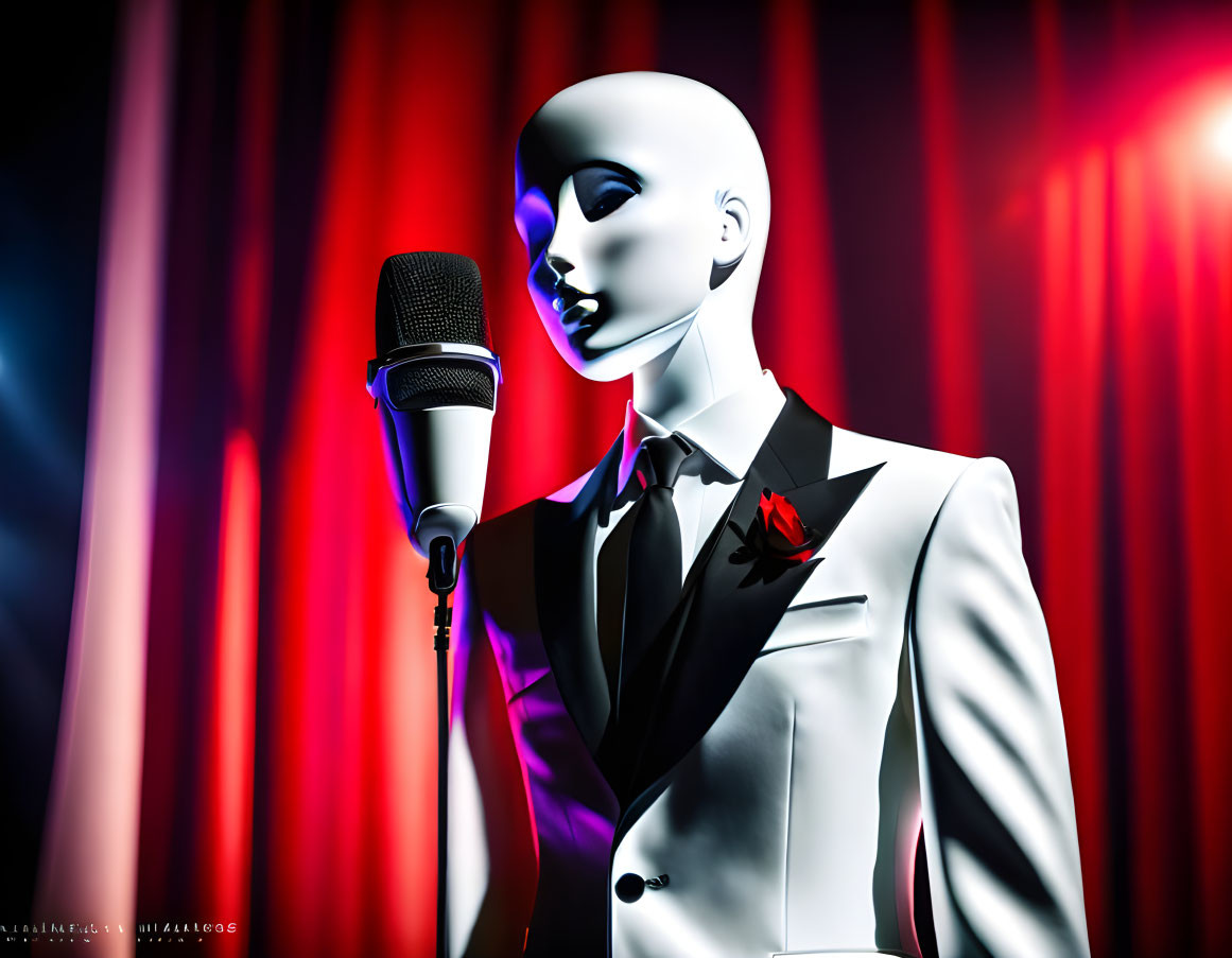 Mannequin in suit with red lapel pin on stage backdrop