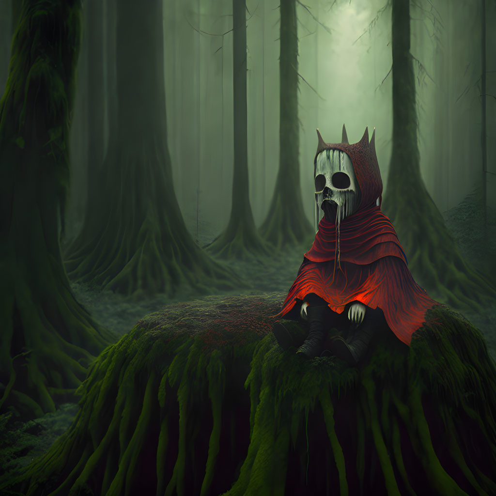 Mysterious figure in red cloak and skull mask in misty forest