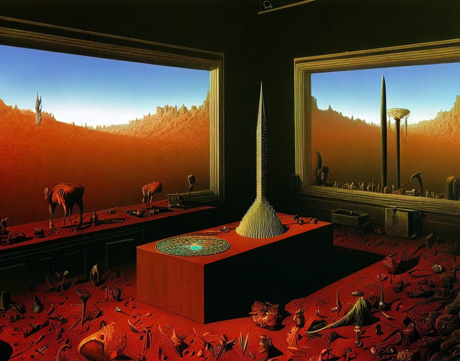 Surreal room with elephants, bone-scattered floor, Martian landscape view