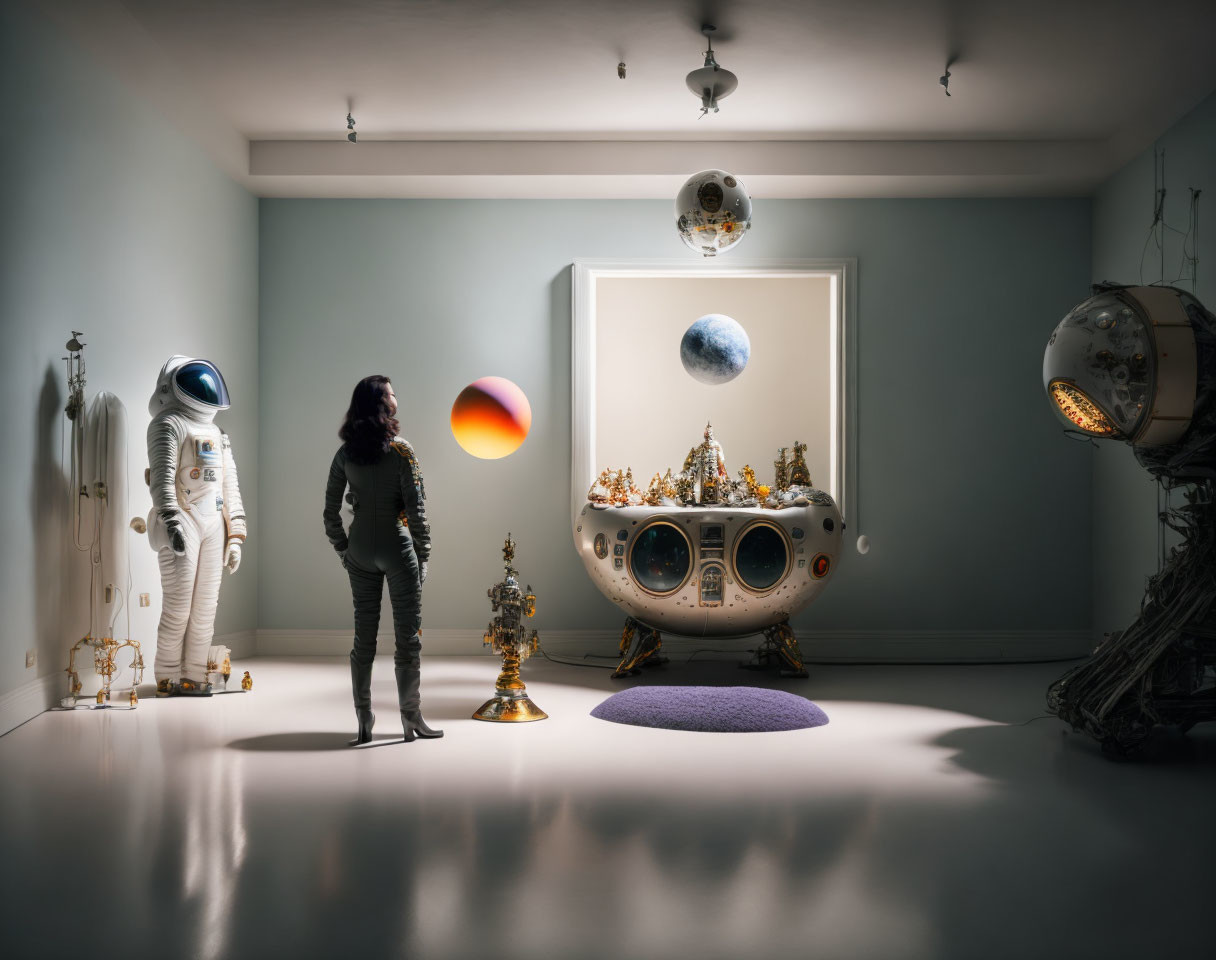 Dark Outfit Figure in Space-Themed Room with Suits, Spacecraft Model, and Celestial