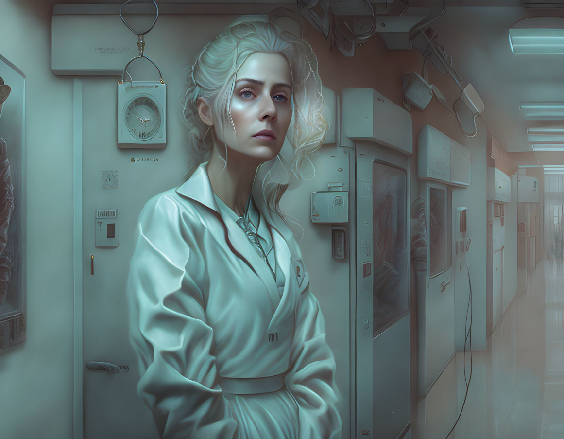 Blonde woman in blue coat in dimly lit hallway with lockers & vintage instruments