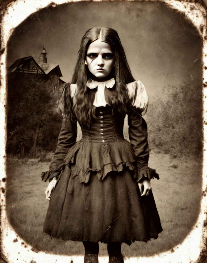 Vintage girl in sepia photo with intense gaze, standing in field with old house - eerie atmosphere