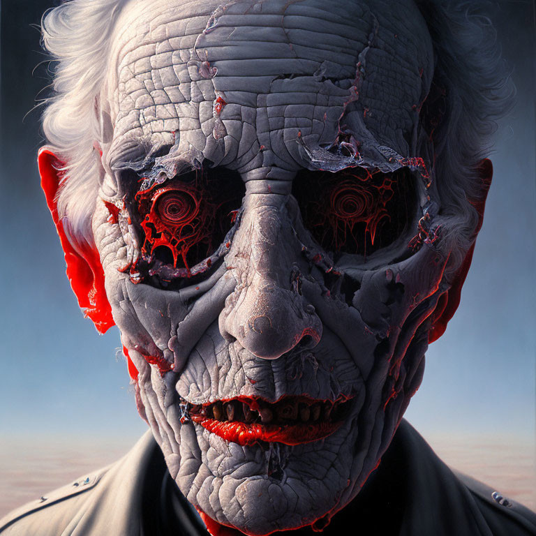 Hyper-realistic artwork of elder with cracked complexion and red patterns.