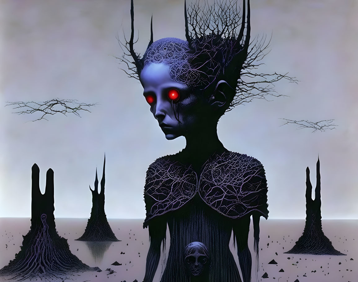 Surreal humanoid with tree-like features in desolate landscape