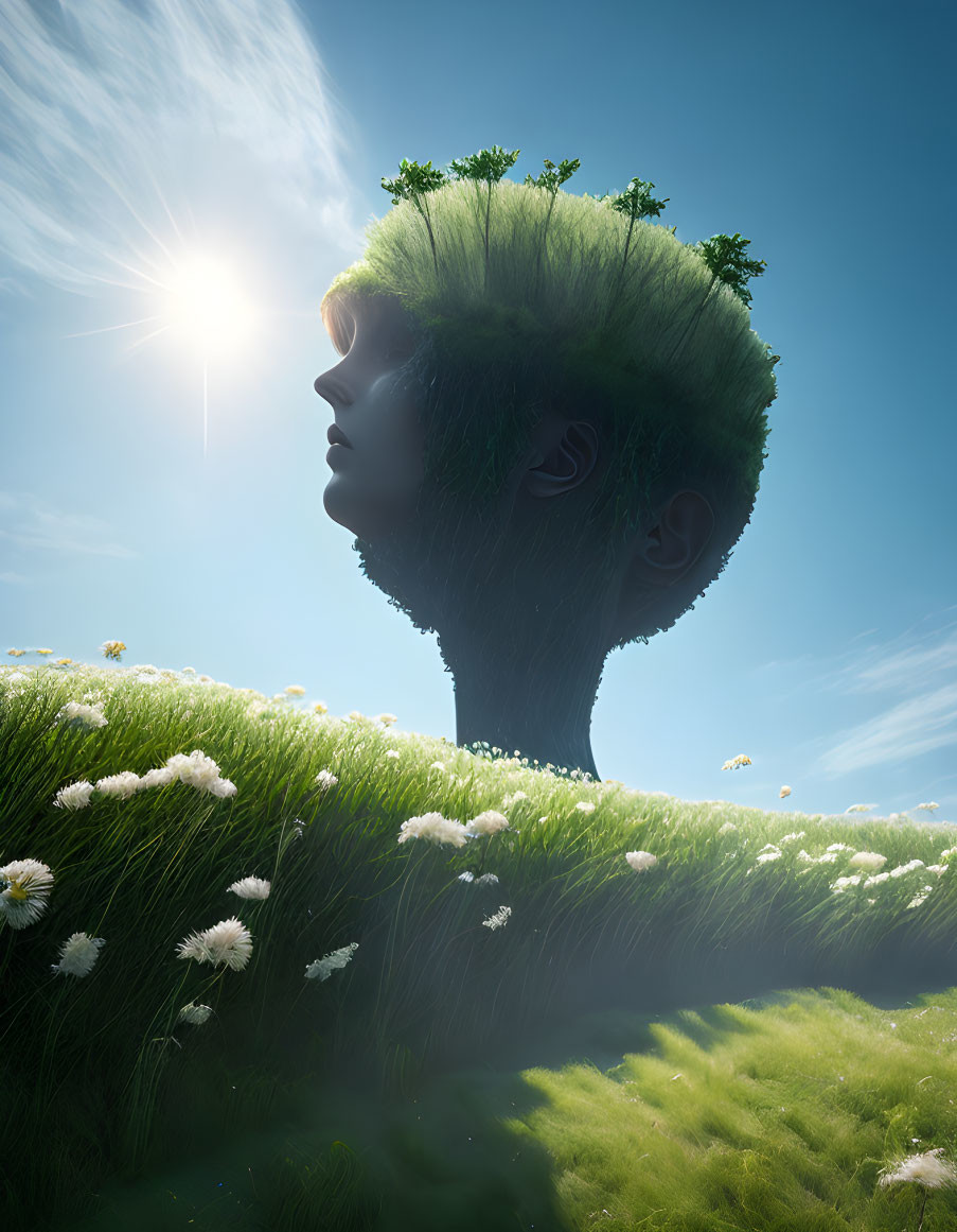 Silhouette of head with grass and trees against sunny landscape.