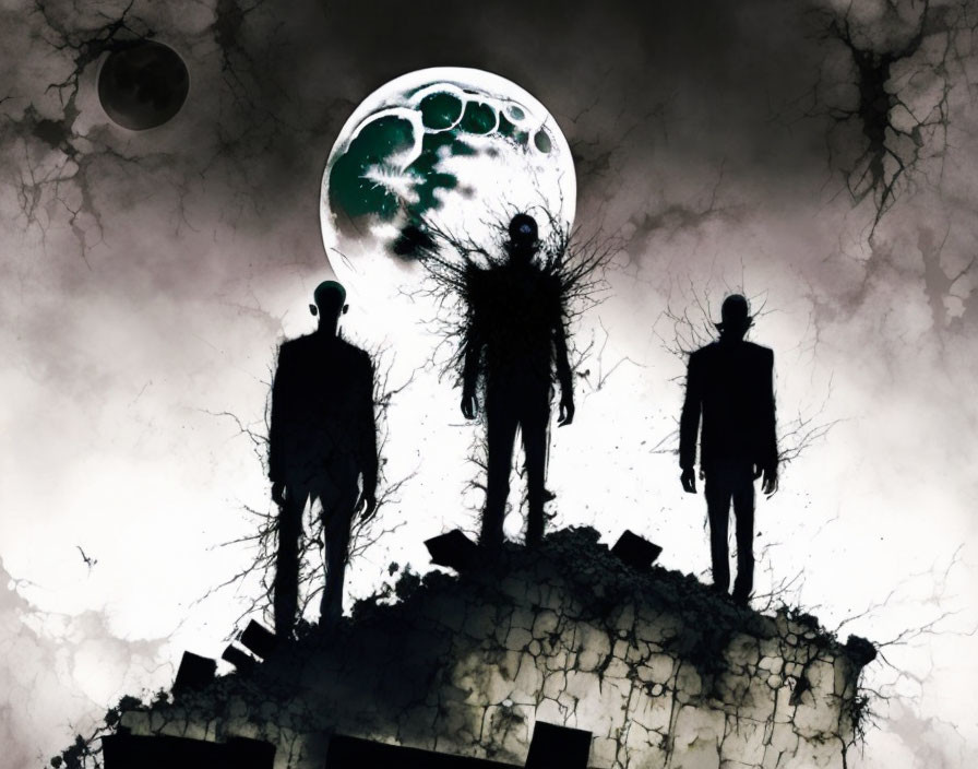 Three shadowy figures on rubble under a large, eerie moon with ominous clouds