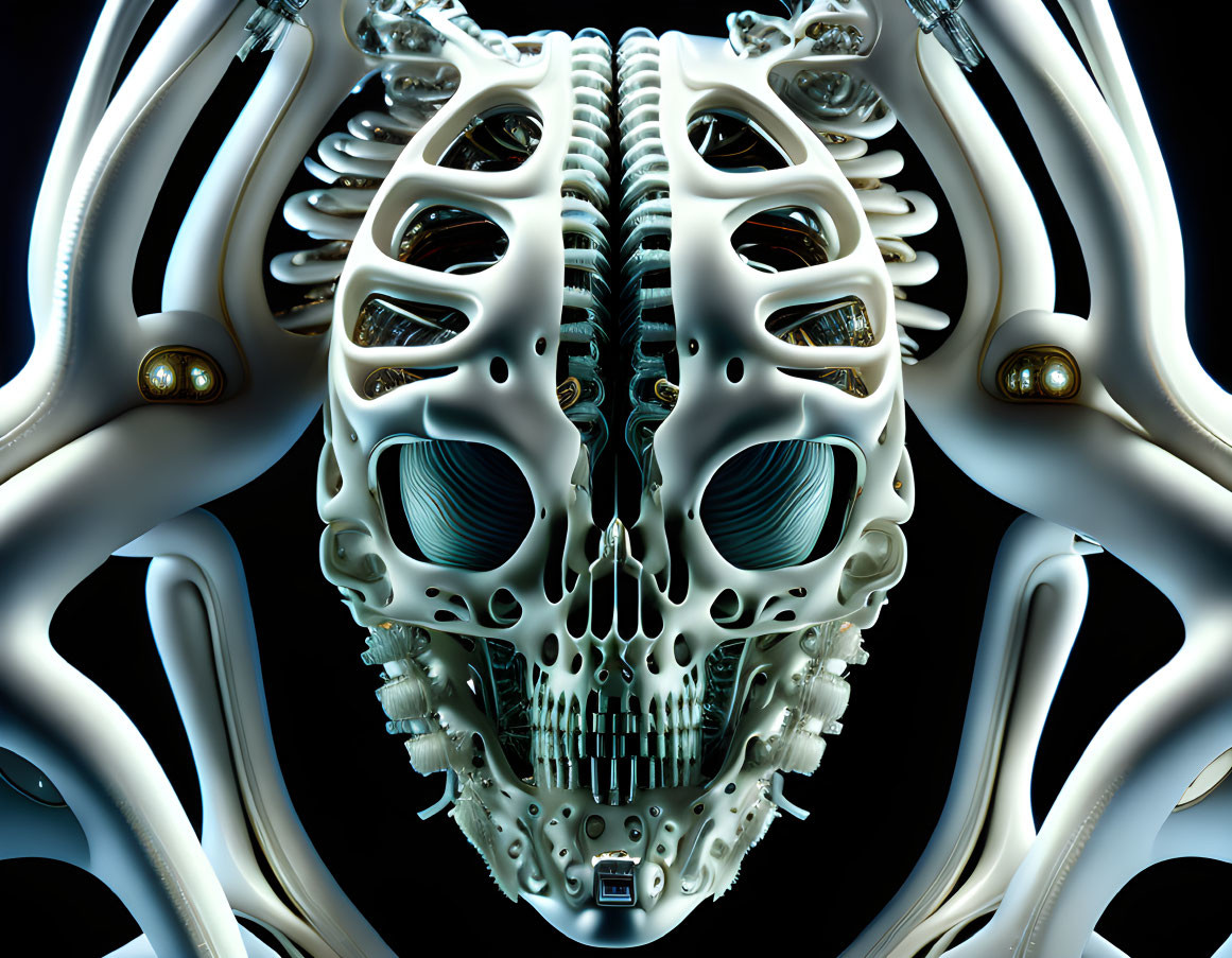 Symmetrical abstract image: Futuristic robotic skull with skeletal and mechanical elements