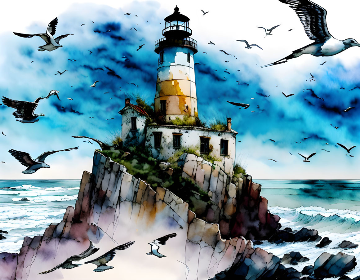 Illustrated lighthouse on craggy cliff with crashing waves and seagulls against dramatic sky