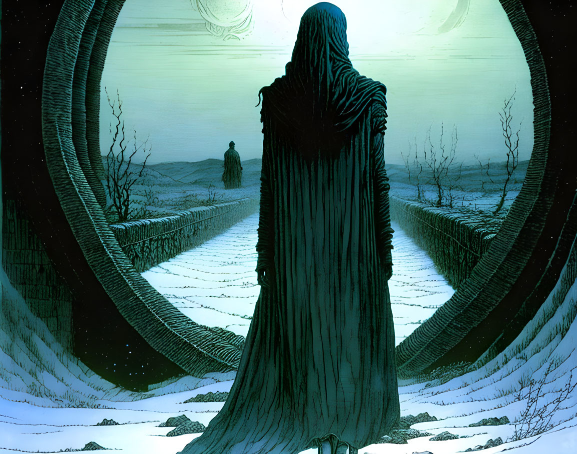 Cloaked figure at snowy bridge under two moons with distant figure