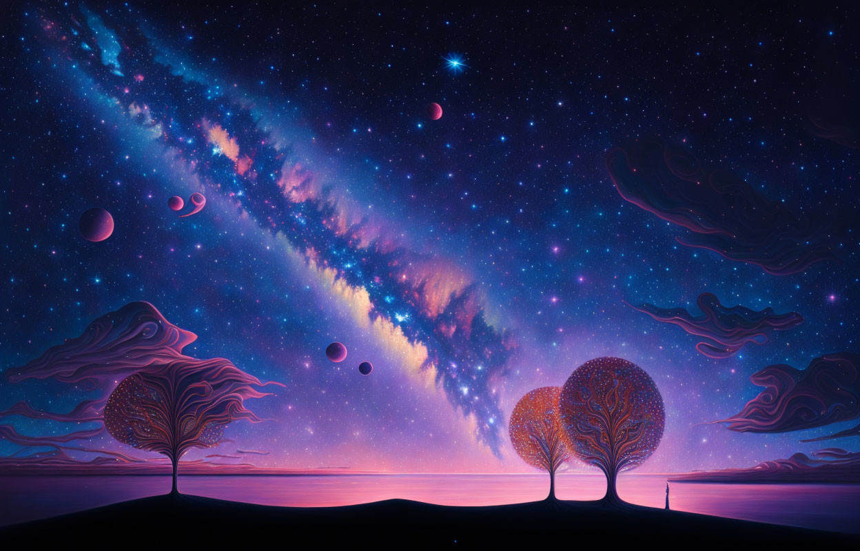 Surreal night sky digital artwork with galaxy, planets, and colorful trees