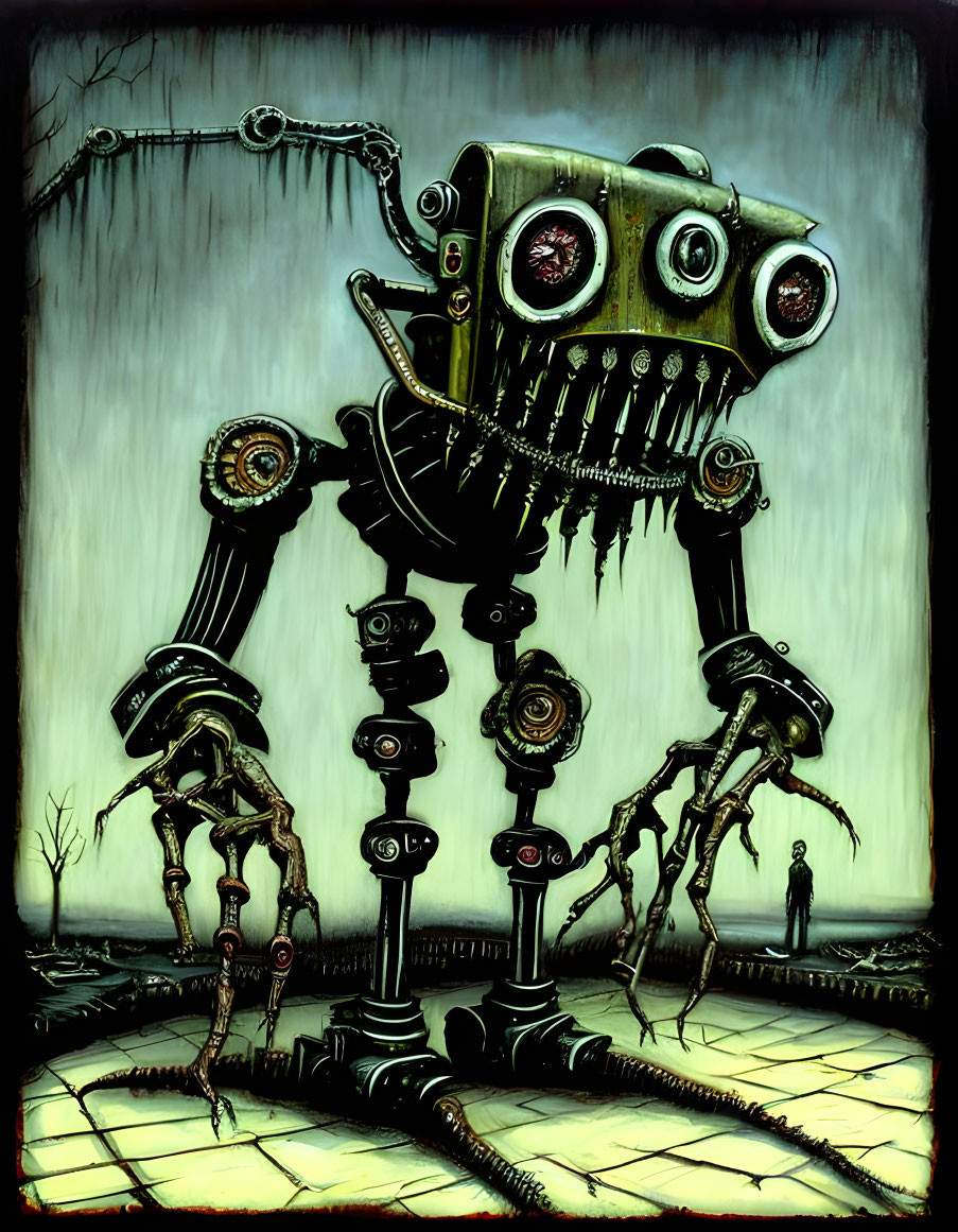 Menacing tall robot with spindly limbs in gloomy landscape