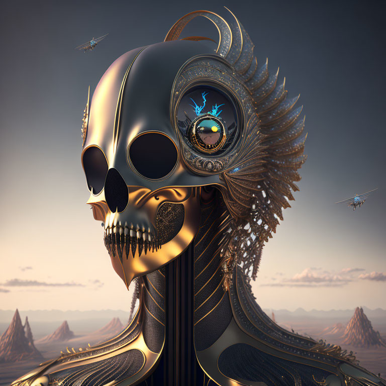 Intricate gold design on futuristic robotic skull in desert landscape