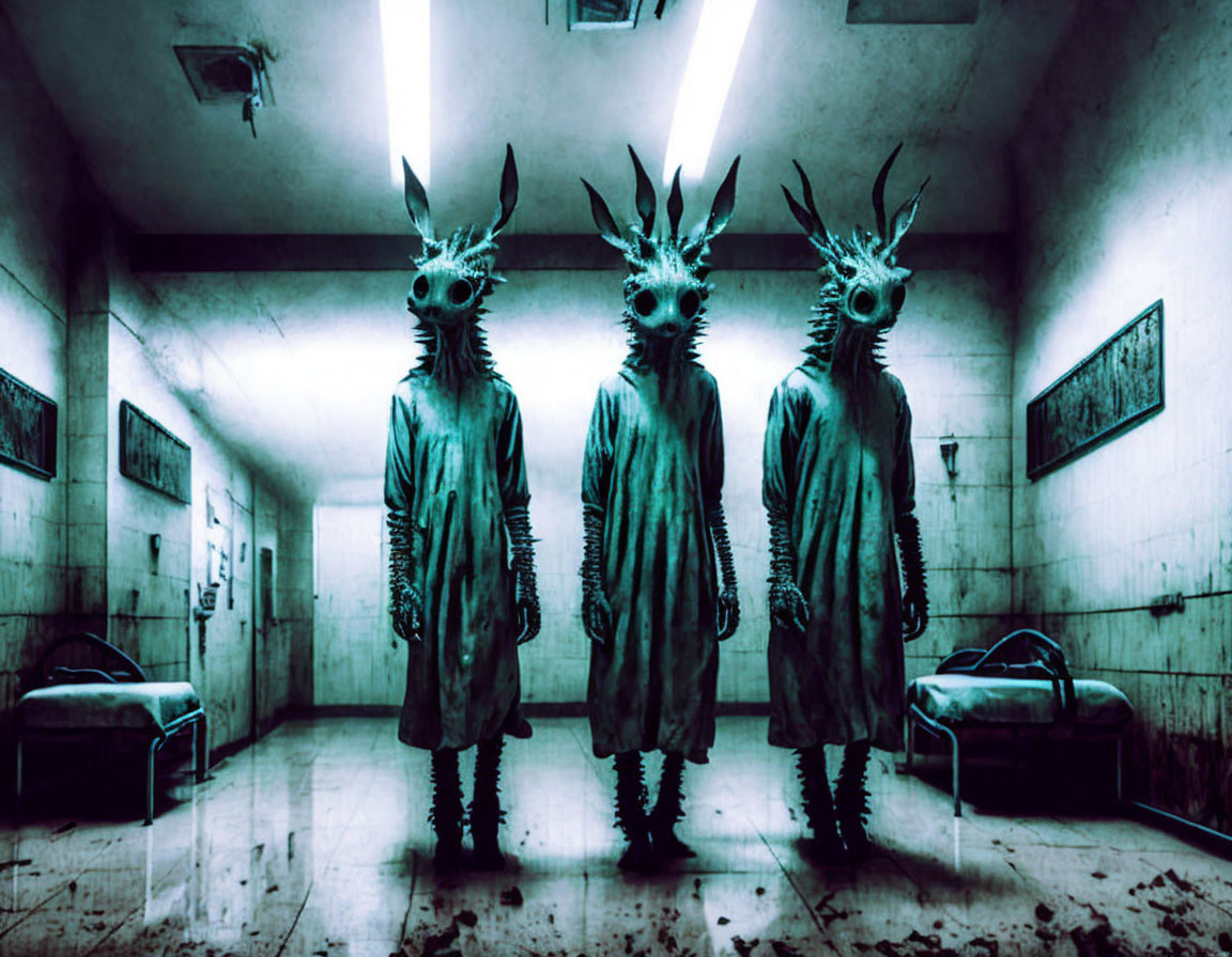 Three figures in eerie masks and draped robes in abandoned hospital hallway