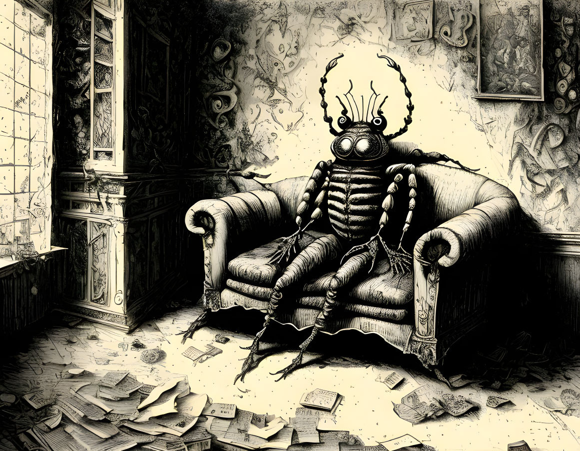 Illustrated giant insect on ornate sofa in cluttered vintage room