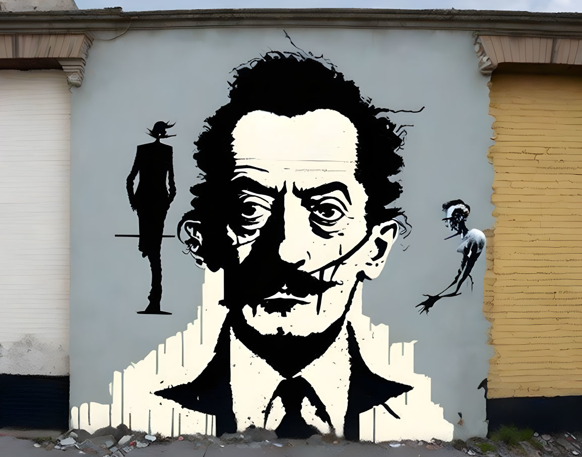 Stylized man with prominent hair and mustache in urban mural