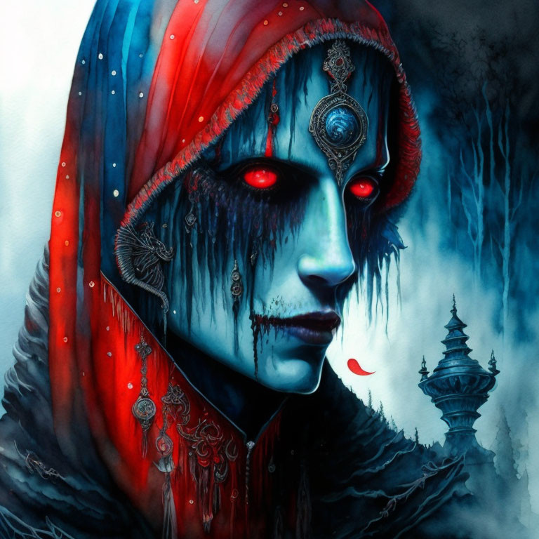 Mysterious figure in red and blue hood with intricate jewelry against misty backdrop