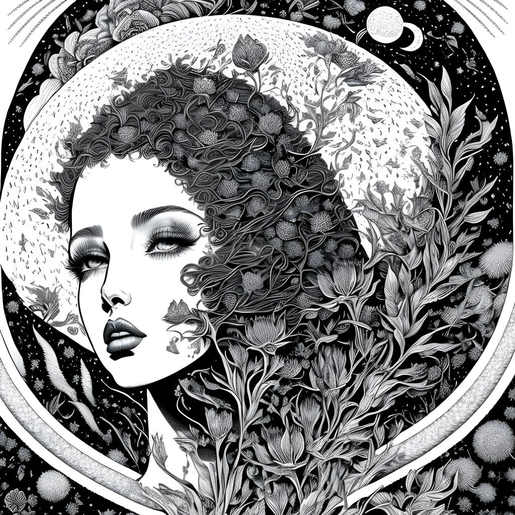 Monochrome illustration of woman's face with floral and celestial motifs