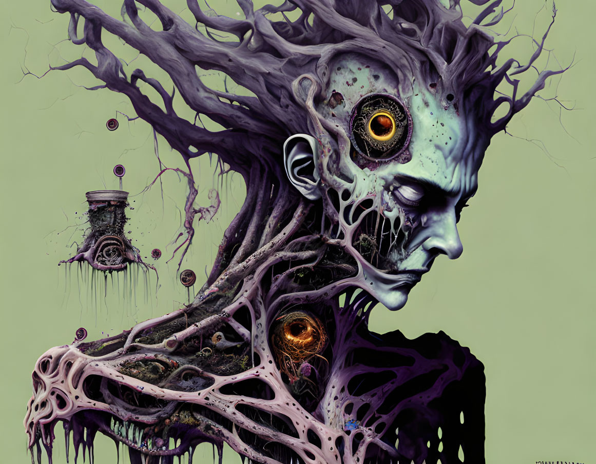 Surreal digital artwork: figure with tree-like structures and floating orbs on pale green background