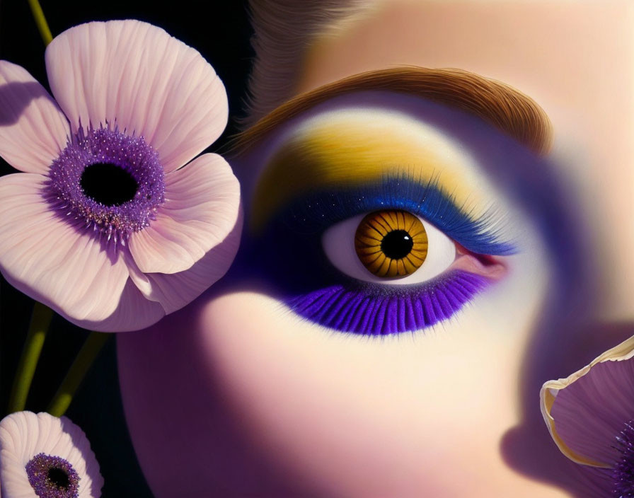 Vivid surrealistic eye with yellow and blue makeup, encircled by purple flowers