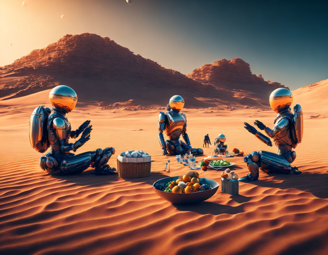 Four Astronauts Sharing Meal in Desert Setting