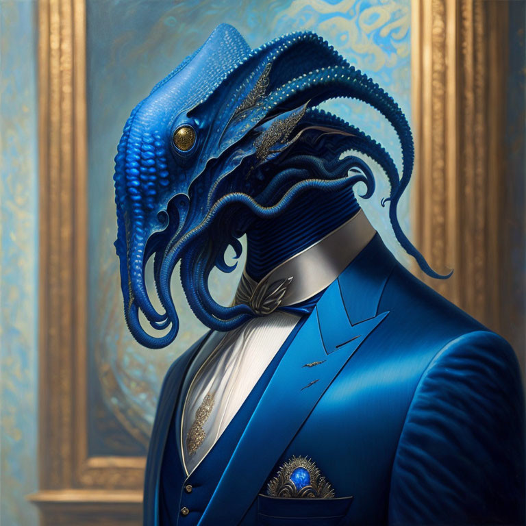 Regal Octopus-Headed Figure in Blue Suit on Classic Background